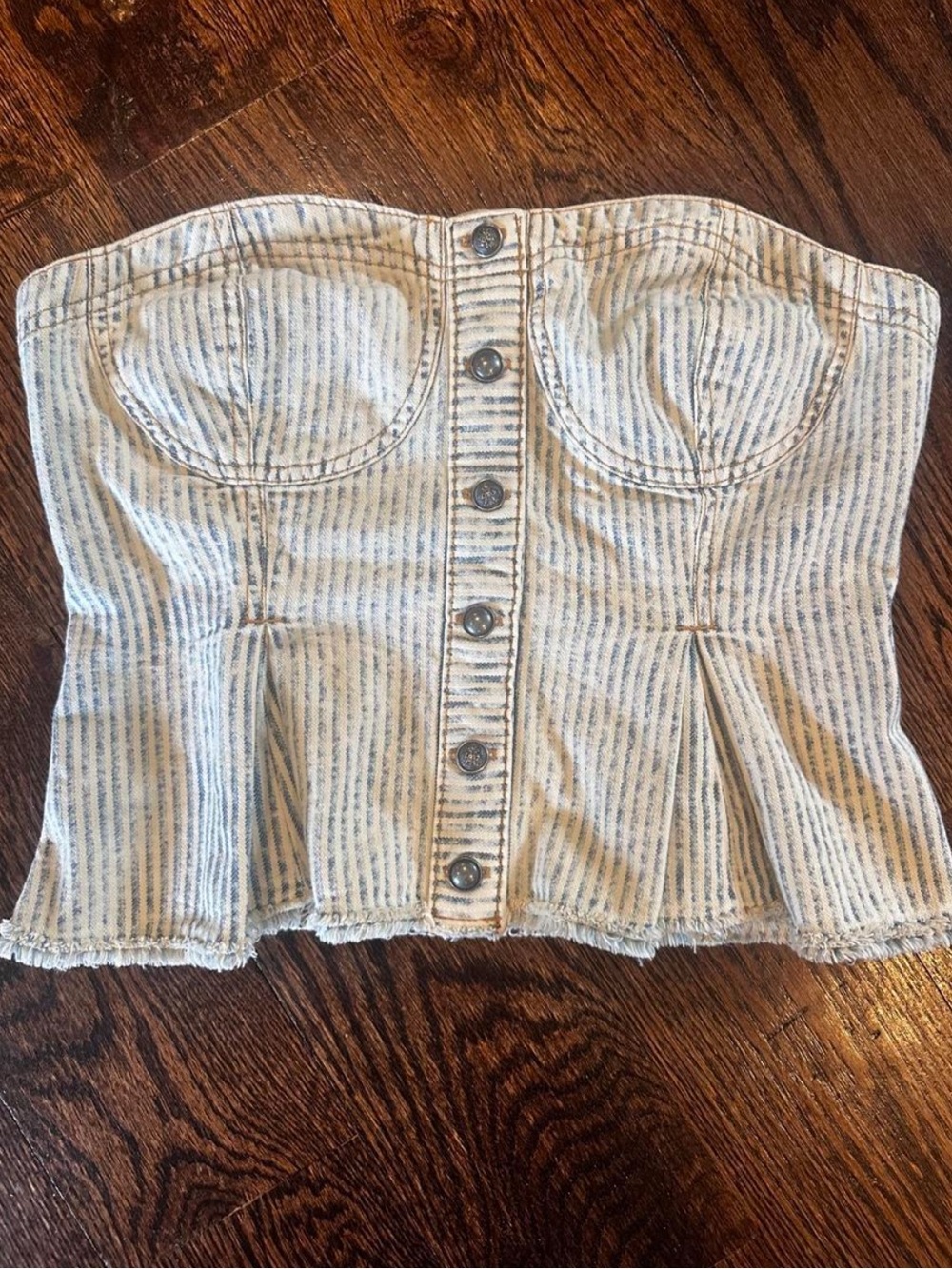 Pilcro peplum striped Strapless Button-Front Bustier Top with smocked back